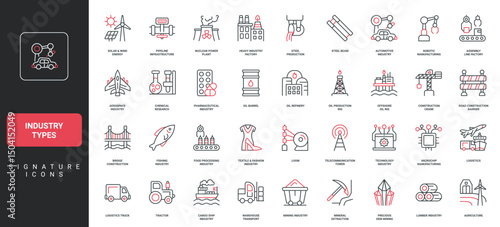 Types of industry, different industrial plants and manufacturing, power energy production line icon set. Construction and agriculture, fishing, mining thin black and red symbols vector illustration
