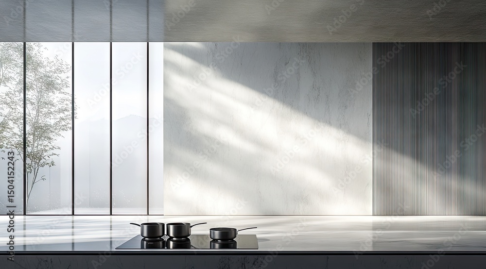 Obraz premium Modern kitchen with large windows showcasing a serene view
