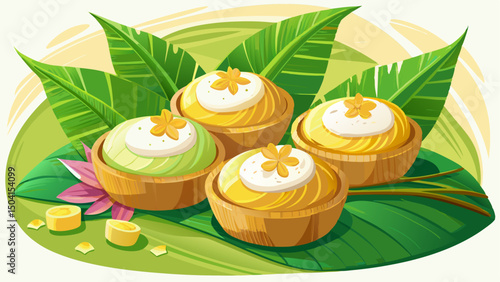 Creamy coconut custard desserts rest gently on fresh banana leaves, adorned with delicate floral garnish. This tropical and inviting presentation highlights the rich, smooth texture and natural beauty