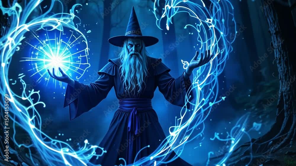 Vidéo Stock Wizard casting a spell with blue energy in a dark forest ...