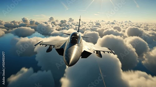 An f sixteen fighting falcon soars through a sky filled with fluffy white clouds on a sunny day