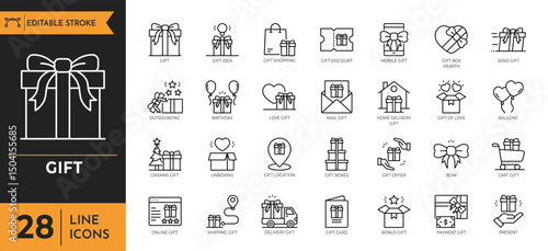 Gift outline icon set. Containing gift box, birthday gift, surprise, and more. editable stroke. vector illustration