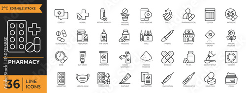 pharmacy Outline icons set. Containing  Medicine, bandage, medication, prescription, thermometer, syringe, masks, vitamin, first-aid kit, and more. editable stroke. Vector illustration