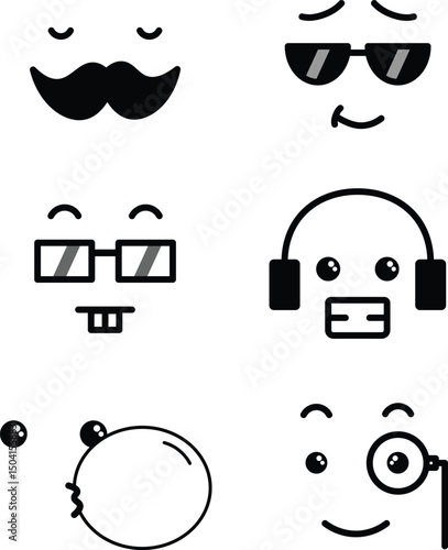 Set of kawaii cool faces , face expressions, isolated flat graphics with named and editable layers, funny and cute faces collection