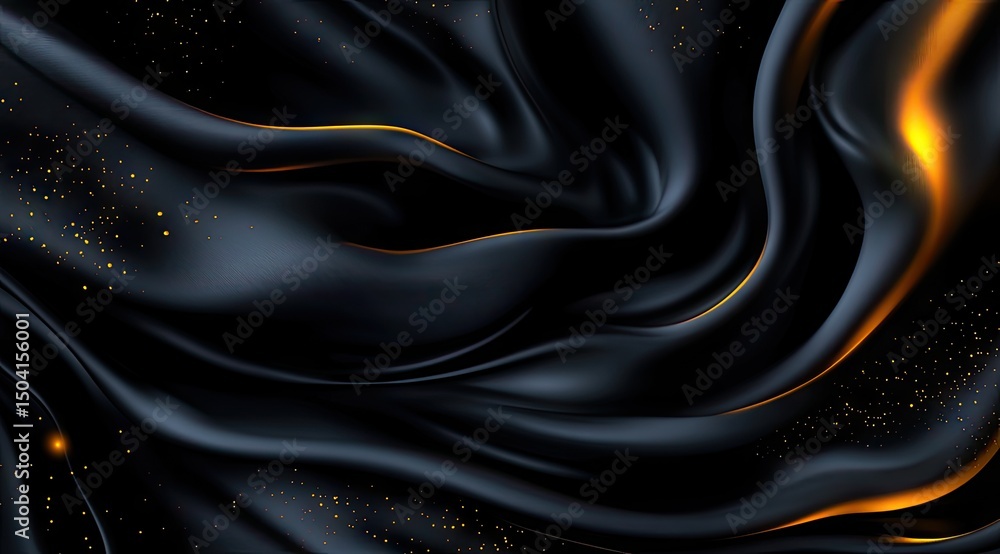 Obraz premium Luxurious dark fabric draped in flowing waves, highlighted by golden specks and streaks
