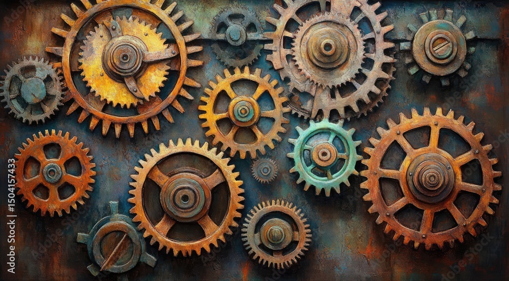 Complex gear mechanism on a textured metal surface Complex gear mechanism on a textured metal surface