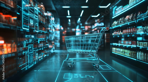 Futuristic Supermarket Aisle with Glowing Digital Shopping Cart
