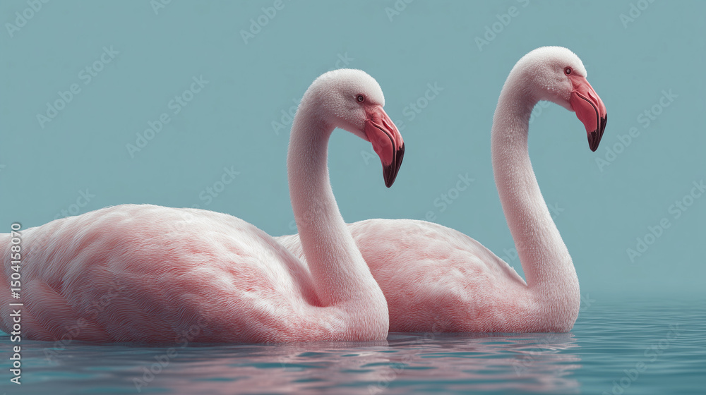 Naklejka premium A pair of flamingos swimming in shallow water against a backdrop of plain color