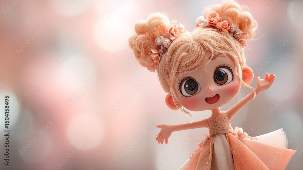 Fototapeta premium Cute Kawaii Doll in Pink Dress and Bow