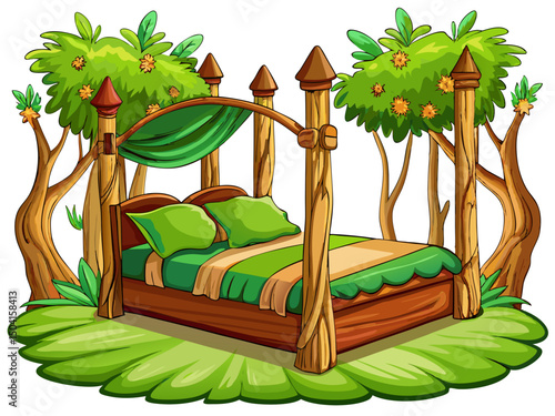 vector of A bed made of tree trunks with a white background