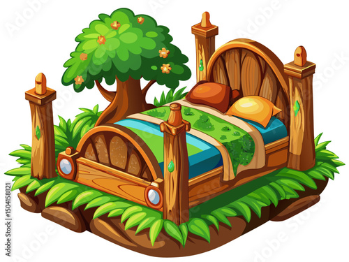 vector of A bed made of tree trunks with a white background