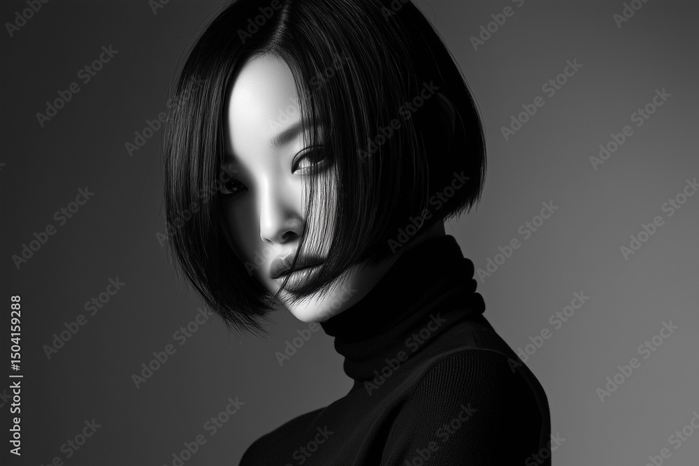 Fototapeta premium A stylish Asian woman model with a sharp, asymmetrical bob haircut one side longer than the other, with a bold middle part. Wearing a black turtleneck.
