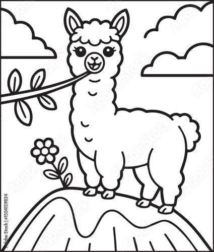 Beautiful and cute alpaca on natural scene vector line art illustration, Baby animal coloring page for children and toddler