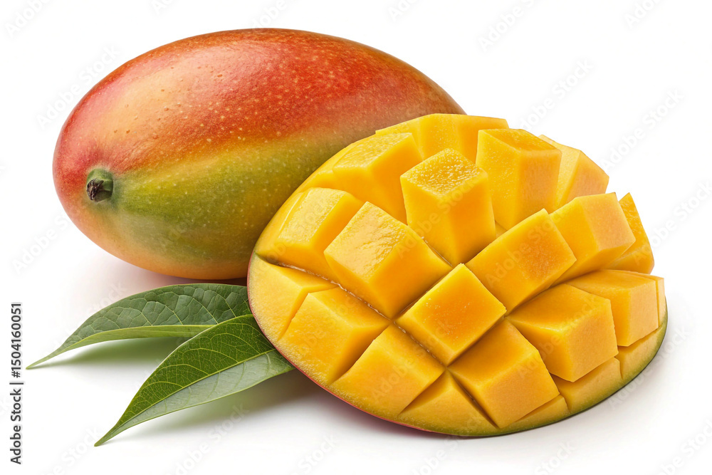 Fresh Ripe Mango with Slices and Leaves on White Background – Tropical Fruit Concept Fresh Ripe Mango with Slices and Leaves on White Background – Tropical Fruit Concept