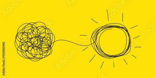 Personal growth, development, evolution icon. Tangled and unraveled tangle, insight, mentor. Coaching, training, brainstorm icon. Vector illustration