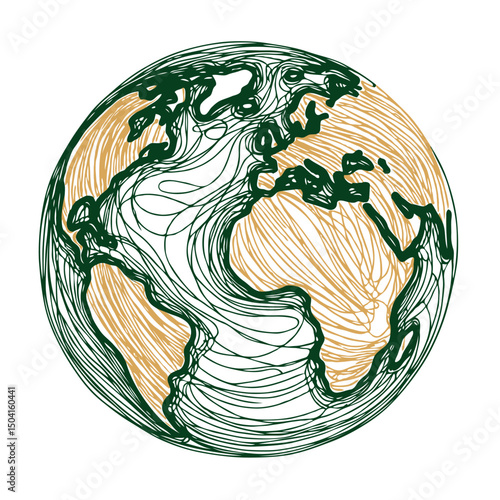 World map with Globe Line Drawing. Hand-drawn Earth Globe Sketch. Earth A HandDrawn Flat Illustration of Our Blue Planet. Simplified Globe Representation Earth's Continents and Oceans. 