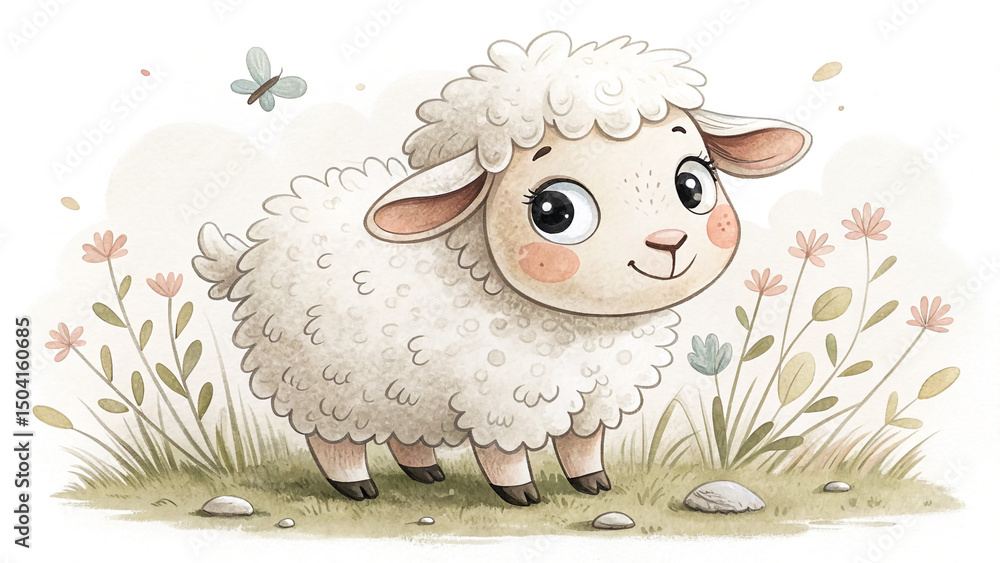 Obraz premium Little Sheep on Green Meadow Hand Drawn Watercolor Lamb Clipart for Kids’ Farm Design