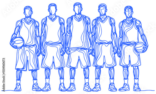 Continuous line drawing of five basketball players standing in a row with uniform