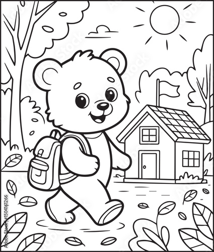 Cute cartoon bear with school bag drawing line art vector for children animal coloring book design