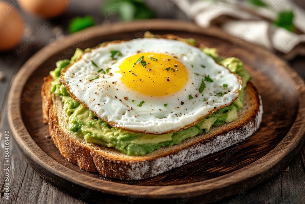 Fried egg toast on rustic wooden board Fried egg toast on rustic wooden board
