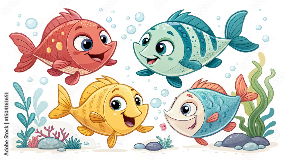 Fototapeta premium Cute Fish Collection Colorful Vector Illustration of Various Adorable Sea Creatures