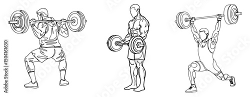 Line drawings of three people lifting weights with demonstrating squats, bicep curls and overhead lunges. Vector illustration