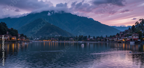 Naini Lake reflecting the surrounding green hills and town lights, small boats drifting gently, colonial buildings on the lakeside, twilight sky with deep purples and blues, serene mountain town mood.