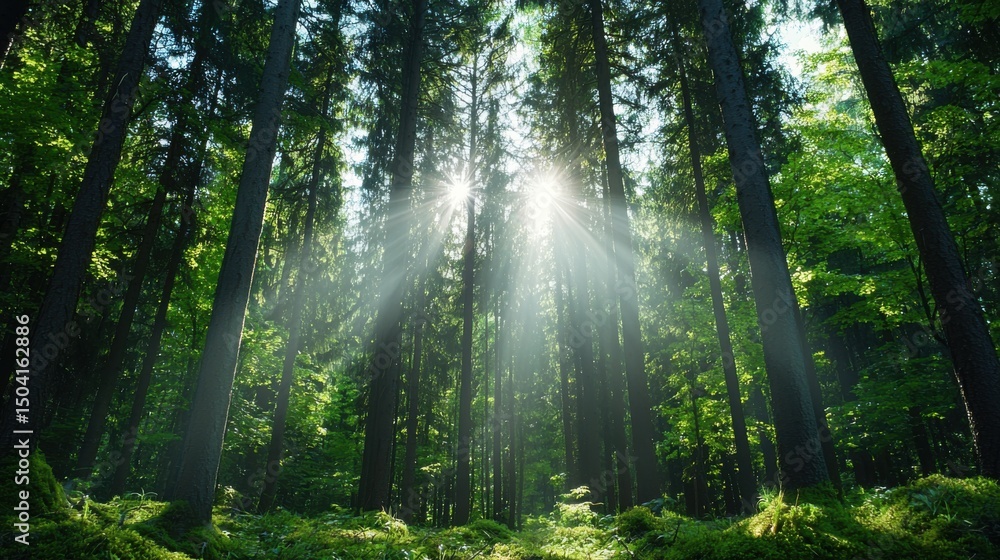 Fototapeta premium Sunbeams in Lush Green Forest