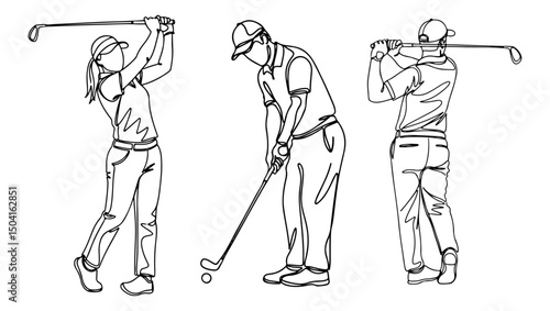 Set of three golf players are shown in different stages of their swing, simple line drawing style. Vector illustration