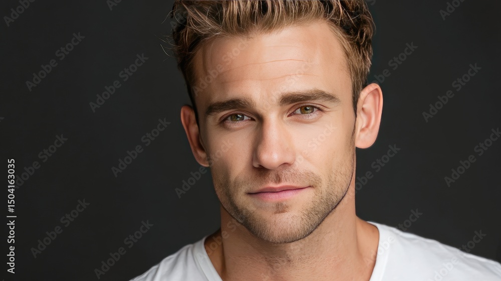 Fototapeta premium A photograph of the handsome face and headshot portrait of an attractive young man with short, light brown hair