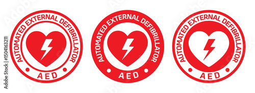 AED emergency defibrillator circle round icon sign symbol. First aid Automated external defibrillator. Vector illustration. Isolated on white background.