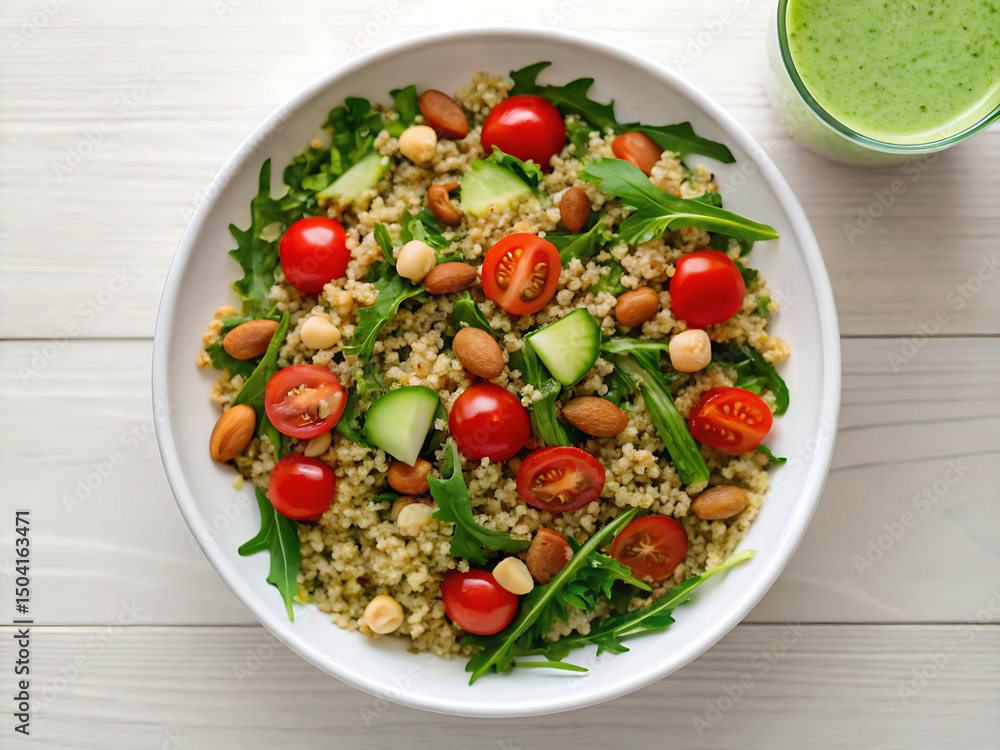 Healthy eating with fresh salad of quinoa tomato cucumber arugula and nuts served with green smoothiequinoa beans salad Healthy eating with fresh salad of quinoa tomato cucumber arugula and nuts served with green smoothiequinoa beans salad