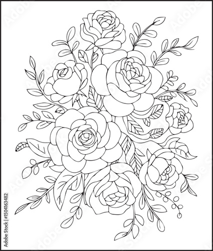 Relaxing bloom rose flower outline vector artwork for coloring page or book design