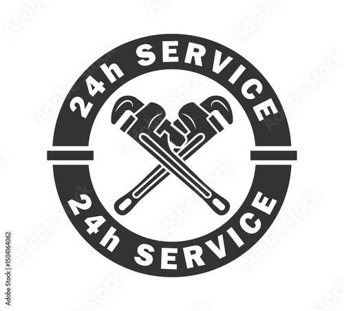 Plumbing services icon symbol, pipe wrench sign, Plumbing wrench logo. 24h service.Vector illustration image. Isolated on white background.