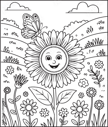 Relaxing bloom sunflower outline vector artwork for coloring page or book design