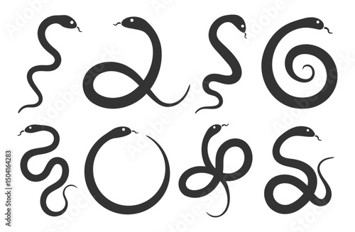Snake silhouette icon symbol set. Collection of black snake shapes in various positions. Vector illustration images. Isolated on white background.