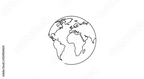 Minimal line art vector illustration of Earth globe with world map, thin black contour lines showing continents and country outlines, clean and modern design.