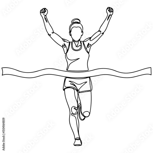 Triumphant female runner breaks the finish line tape with arms raised in victory, simple line drawing. Vector illustration