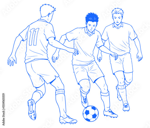 Three soccer players battling for ball possession on the field, simple line drawing. Vector illustration