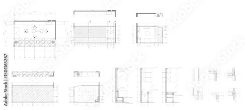 Drawings, interior decorations, section details, tearoom room, vector format