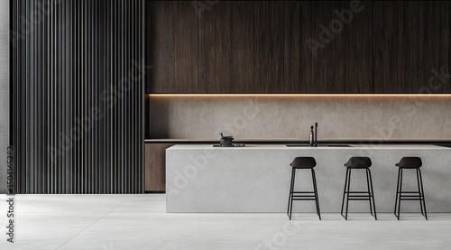 Modern kitchen design with dark wood accents and a light gray countertop