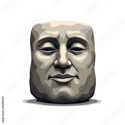 Stylized Stone Face Sculpture with a Somber Expression, Vector Illustration on White Background