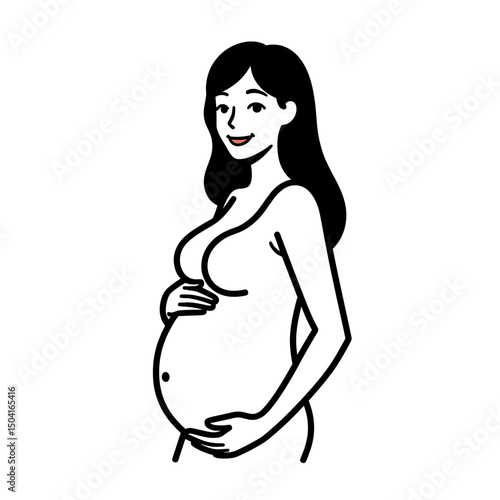 Line Art Illustration of a Pregnant Woman Holding Her Belly with a Smiling Expression