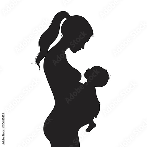 Silhouette Illustration of a Mother Holding Her Baby with Love and Tenderness, a Symbol of Maternal Care