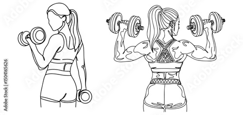 Two women lifting dumbbells, showing strength with focusing on biceps and shoulders, simple line drawing. Vector illustration