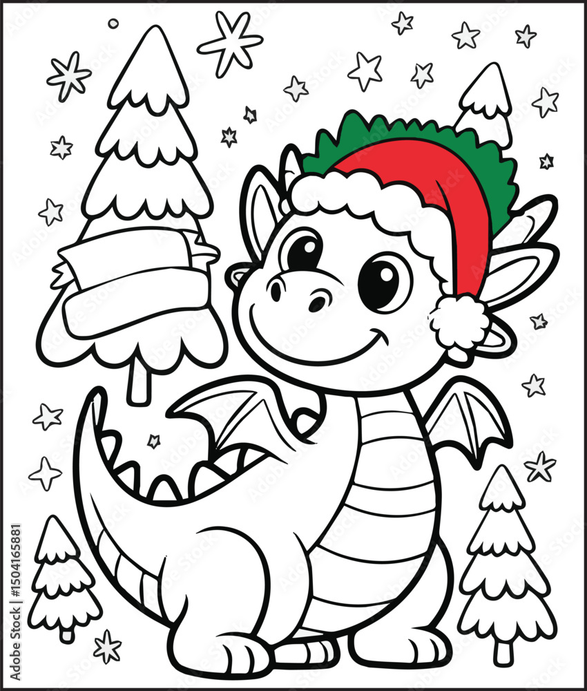 Naklejka premium Cute animal dragon wearing christmas hat on festive doodles hand-drawn bold line art illustration for children coloring pages
