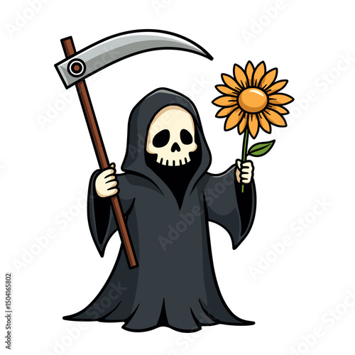 Cartoon Grim Reaper Holding a Sunflower, Symbolizing Death and Hope, Vector Illustration