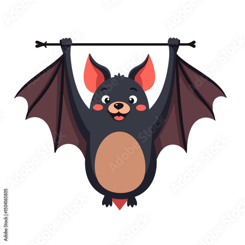 Cute Cartoon Bat Hanging Upside Down from a Branch with a Smiling Face, Isolated on White Background