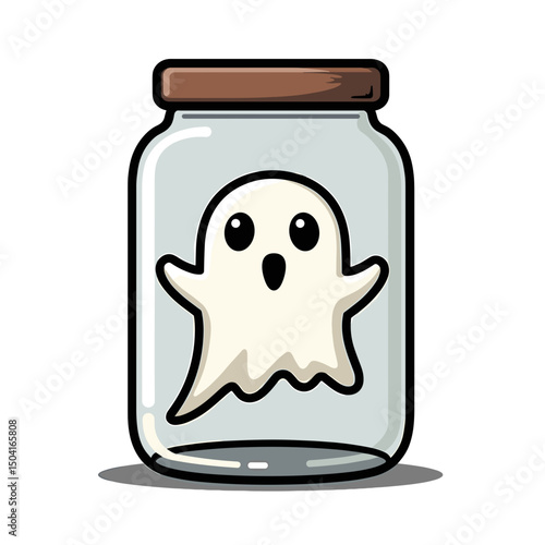 Cartoon Ghost Trapped Inside a Glass Jar with Brown Lid Illustration for Halloween