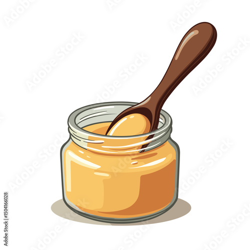 Illustration of a Jar of Honey with a Wooden Spoon, Sweet and Delicious Treat